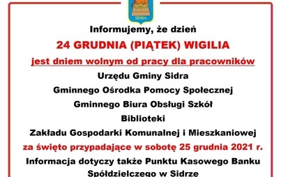 Zdjęcie do Wigilia 24 grudnia 2021 r. dniem wolnym dla pracownik&oacute;w!