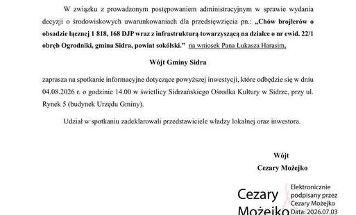 Zdjęcie do Ogłoszenie W&oacute;jta Gminy Sidra